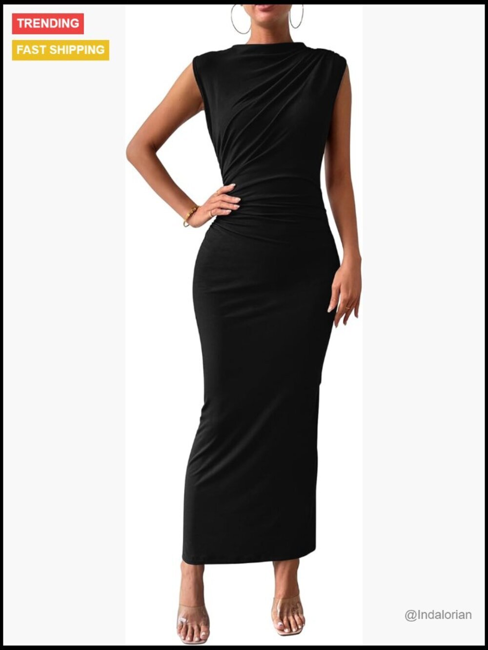 Ruched Bodycon Maxi Dress Sleeveless Slit High Neck Cocktail Party
